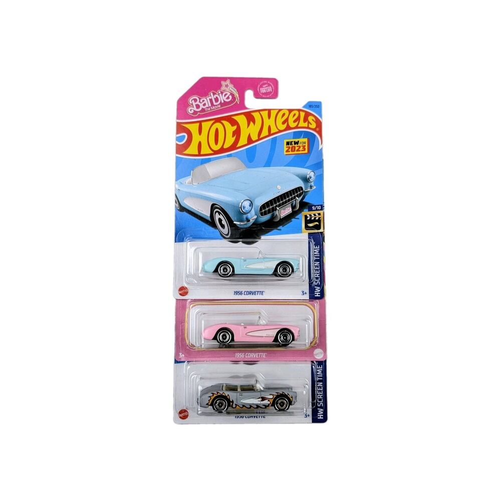 Hot Wheels Barbie 1956 Corvette Lot of 3 Blue Pink Gray with flames